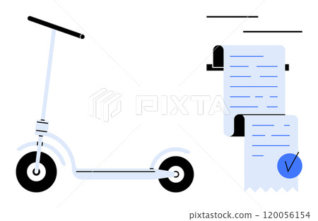 Electric scooter with receipt. Ideal for online shopping, rental services, eco-friendly transport, modern lifestyle, digital payment. Style is flat, minimalist, contemporary 120056154