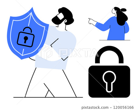 Man holding shield with padlock icon, woman pointing towards security element, and large padlock icon. Ideal for cybersecurity, data protection, privacy, secure communication, online safety 120056166