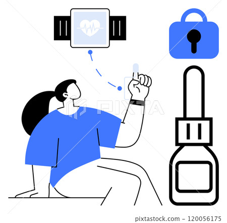 Simplified drawing of a woman with a smartwatch, a lock, and a modern access key, highlighting technology and security themes. Ideal for technology, security, health, smart devices, and innovation Simplified drawing of a woman with a smartwatch, a lock, and a modern access key, highlighting technology and security themes. Ideal for technology, security, health, smart devices, and innovation 120056175