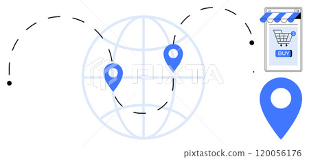 A globe with location markers connected by dashed lines and a mobile shopping cart button. Ideal for global business, e-commerce, internet shopping, geolocation, digital marketing, and logistics 120056176