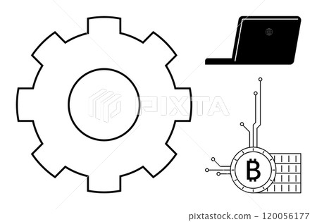 A large gear, an open laptop, and a Bitcoin symbol connected to circuitry are visible. Ideal for technology, cryptocurrency, blockchain, digital transactions, software engineering. Minimalist line A large gear, an open laptop, and a Bitcoin symbol connected to circuitry are visible. Ideal for technology, cryptocurrency, blockchain, digital transactions, software engineering. Minimalist line 120056177