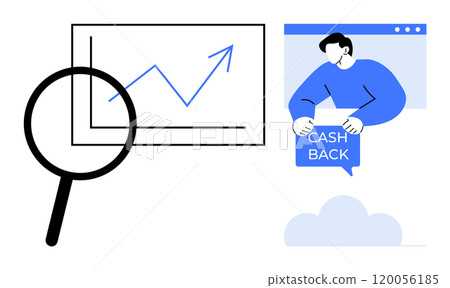 Person holding Cash Back sign, magnifying glass and growth chart. Ideal for business analysis, marketing strategies, financial growth, sales performance, and customer incentives. Simple vector style 120056185