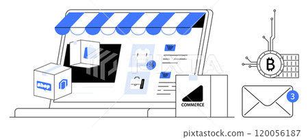 Online store on a laptop screen with shopping icons, cryptocurrency symbol, and an email notification. Ideal for e-commerce, digital marketing, online purchasing, blockchain transactions, virtual 120056187