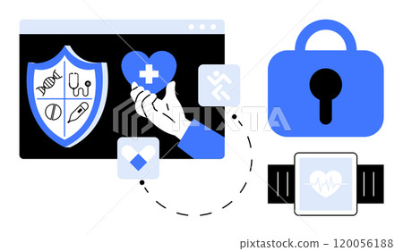 Protective shield with medical icons and a secure padlock. Hand holding a heart with a medical cross. Ideal for medical data protection, healthcare, secure technology, telemedicine, and wearable Protective shield with medical icons and a secure padlock. Hand holding a heart with a medical cross. Ideal for medical data protection, healthcare, secure technology, telemedicine, and wearable 120056188
