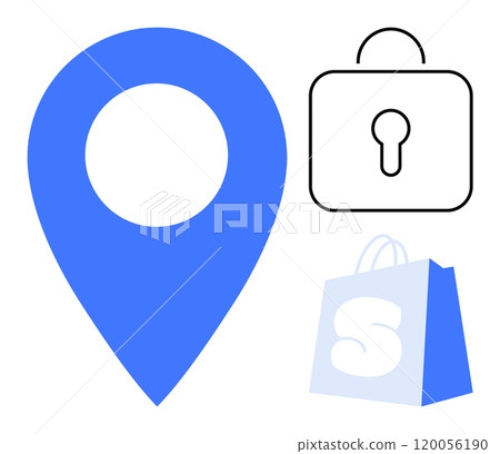 Blue map pin, black lock, and light blue shopping bag. Ideal for location services, navigation, travel, security, and e-commerce. Simple and modern style. Themes include GPS usage, safety, shopping 120056190