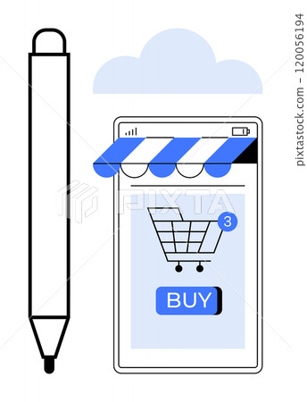 Mobile device displays a shopping cart icon with buy button and notification. Pen is beside device under cloud. Ideal for online shopping, mobile commerce, e-commerce apps, digital transactions 120056194