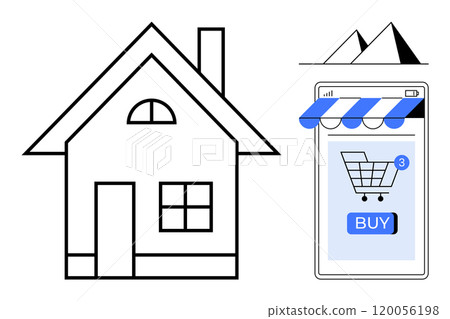 Simple black-and-white house next to a mobile phone displaying an online store with shopping cart and buy button. Ideal for home products, online shopping, mobile apps, e-commerce, real estate Simple black-and-white house next to a mobile phone displaying an online store with shopping cart and buy button. Ideal for home products, online shopping, mobile apps, e-commerce, real estate 120056198