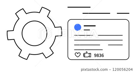 Gear and a social media post with likes and a comment count. Ideal for social media, technology, user interface, digital marketing, online engagement. Modern, clean, simple design 120056204