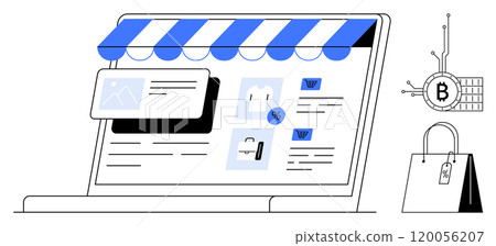 A laptop screen displays an e-commerce site with various product listings and a shopping cart. An icon representing Bitcoin payment and a shopping bag graphic are visible. Ideal for online shopping A laptop screen displays an e-commerce site with various product listings and a shopping cart. An icon representing Bitcoin payment and a shopping bag graphic are visible. Ideal for online shopping 120056207