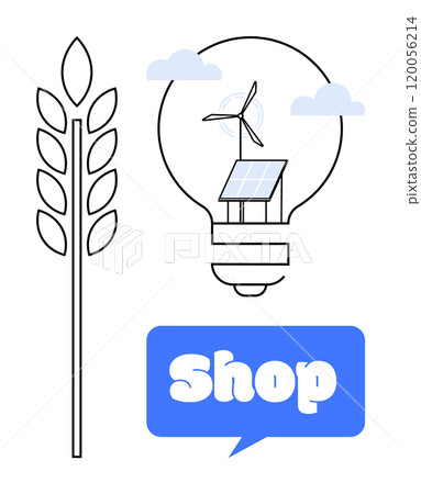 Light bulb with wind turbine and solar panel inside, wheat stalk, and blue Shop text. Ideal for sustainable energy, renewable resources, eco-friendly farming, green technology, environmental Light bulb with wind turbine and solar panel inside, wheat stalk, and blue Shop text. Ideal for sustainable energy, renewable resources, eco-friendly farming, green technology, environmental 120056214