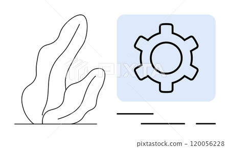 Gear icon next to seaweed outline with light blue background. Ideal for technology, nature integration, eco-friendly developments, innovation, bioengineering. Minimalist, simple, modern style Gear icon next to seaweed outline with light blue background. Ideal for technology, nature integration, eco-friendly developments, innovation, bioengineering. Minimalist, simple, modern style 120056228