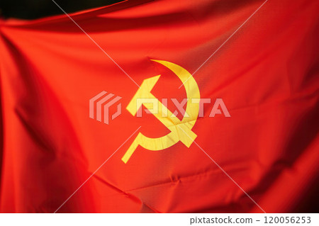 The USSR flag fluttering in the wind, close-up 120056253