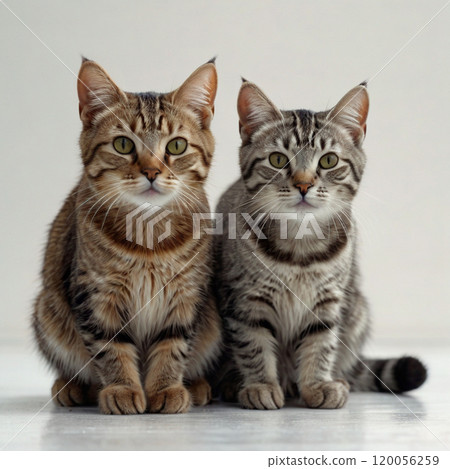 Brown tabby cat and brown tabby cat sitting side by side 120056259