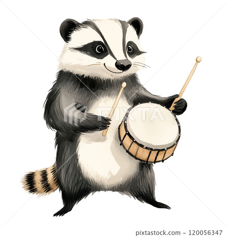 Adorable badger illustration in watercolor style, isolated on a transparent background. The badger is playing a drum, adding a fun and musical element for children's designs and creative projects. 120056347