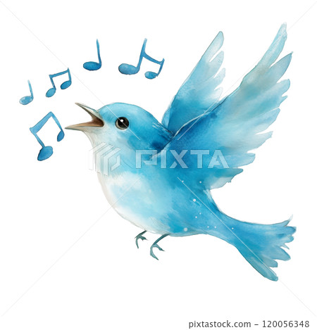 Charming watercolor illustration of a bluebird singing with musical notes, isolated on a transparent background. Ideal for children's projects, storybooks, and nature-themed designs. 120056348