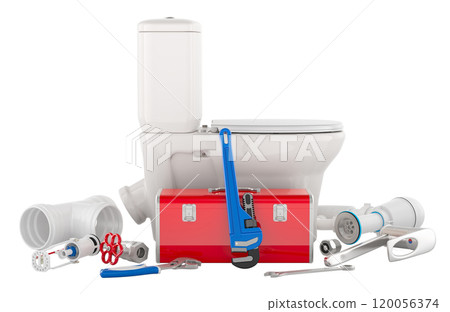 Plumbing repair service, concept. Toilet bowl with construction tools. 3D rendering Plumbing repair service, concept. Toilet bowl with construction tools. 3D rendering 120056374