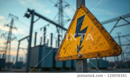 Lightning Warning Sign with Power Lines 120056381