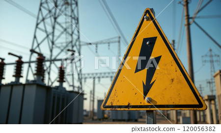 Triangular Warning Sign Amid Electrical Transformers 120056382