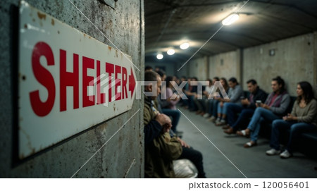 Faded Shelter Sign and Crowd Taking Refuge During Crisis 120056401