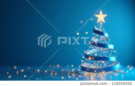 Decorative Xmas tree with blue ribbons and lights set against a soft blue backdrop 120056498