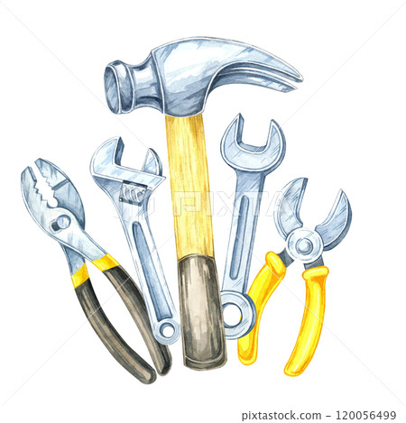 A hammer with a wooden handle, silver wrenches, and pliers. Hand-painted watercolor illustration. Perfect for home improvement catalogs, DIY project designs, and construction branding 120056499