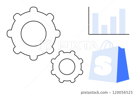 Two gears alongside a shopping bag with a large S and a bar chart. Ideal for business process optimization, e-commerce analytics, shopping trends analysis, automation, and supply chain management 120056525