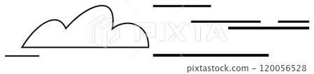 Simple outline of a cloud with horizontal lines representing wind. Ideal for weather reports, nature themes, minimalism design, childrens books, and environmental education. Easy, clear, graphic 120056528