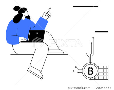 A person with a blue top seated and working on a laptop while pointing at a Bitcoin symbol connected to a circuit. Ideal for finance, cryptocurrency, technology, digital wallets, and modern banking 120056537