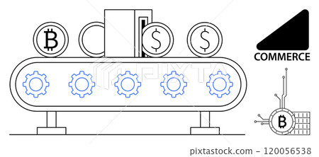 Cryptocurrency and dollar conversion on a conveyor belt with gears and commerce label. Ideal for finance, technology, automation, cryptocurrency, digital trade themes. Simple line art style 120056538