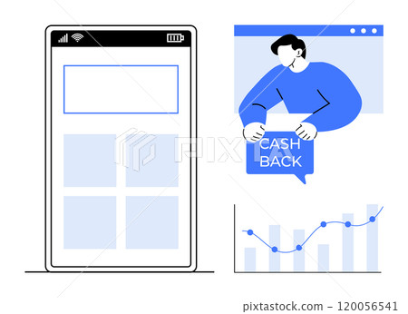 Minimalist style image features a smartphone interface, a person holding a cashback sign and a growth chart. Ideal for apps, finances, marketing, promotions, and digital wallets. Main colours blue 120056541