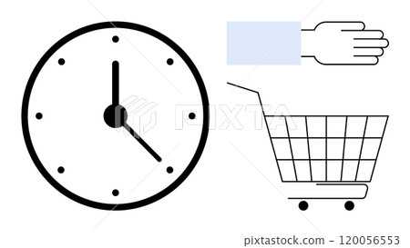 Black clock, a shopping cart, and a hand icon, representing efficient time management in shopping. Ideal for business, retail, online shopping, productivity, and time management themes. Minimalistic 120056553