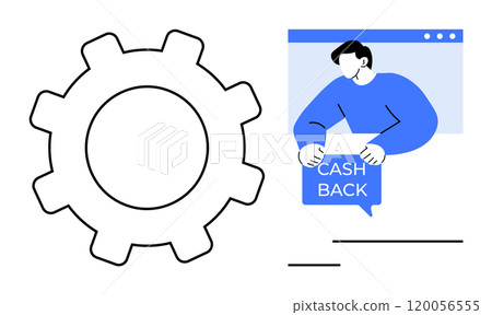 Gear symbol and a person holding a cashback sign in blue. Ideal for marketing, promotions, customer loyalty, savings, and financial rewards. Simple modern style with minimalistic elements 120056555