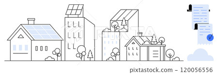Solar-panel-equipped homes and skyscrapers. Cloud and contract with checklist icon signify renewable energy. Ideal for environmental sustainability, green energy, urban planning, modern housing 120056556