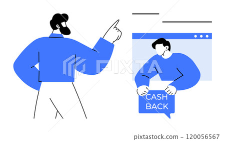 A man pointing at a website with a cash-back message displayed. Ideal for online shopping, finance, e-commerce, money-saving tips, web design. Simple modern vector style in blue and black A man pointing at a website with a cash-back message displayed. Ideal for online shopping, finance, e-commerce, money-saving tips, web design. Simple modern vector style in blue and black 120056567