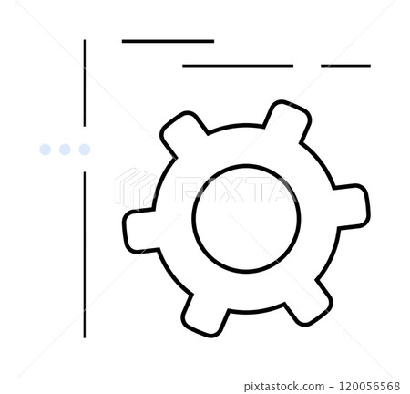 A black gear symbol accompanied by horizontal lines and small dots on a white background. Ideal for illustrating technology, industry, mechanical processes, automation, and minimalism in design A black gear symbol accompanied by horizontal lines and small dots on a white background. Ideal for illustrating technology, industry, mechanical processes, automation, and minimalism in design 120056568