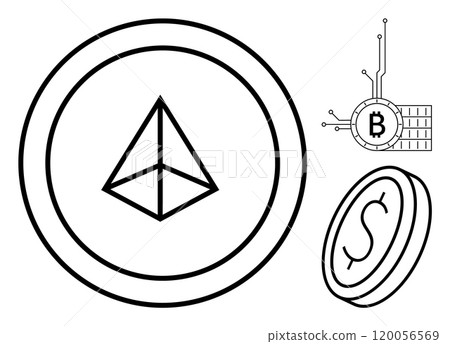 Three digital currency symbols are illustrated a geometric shape on a coin representing smart contract, a dollar sign on another coin, and a Bitcoin symbol with connected lines. Ideal for financial Three digital currency symbols are illustrated a geometric shape on a coin representing smart contract, a dollar sign on another coin, and a Bitcoin symbol with connected lines. Ideal for financial 120056569
