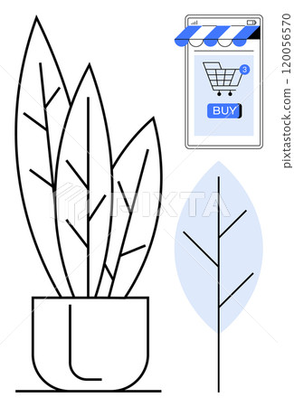 Potted plant with long leaves, a simplified individual leaf, and a smartphone screen displaying a shopping cart and buy button. Ideal for online shopping, gardening, mobile apps, e-commerce, digital 120056570