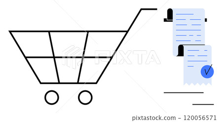 Simple black and white shopping cart next to receipts with checkmarks. Ideal for online shopping, e-commerce, retail management, business transactions, and consumer finance. Minimalist vector style 120056571