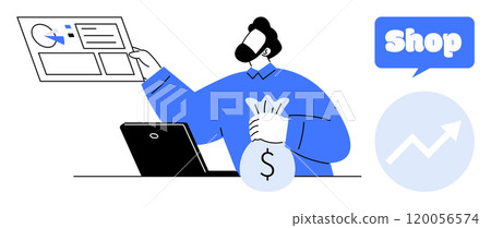 A person holding cash bag and e-commerce webpage. Laptop, growth chart icon, and shop sign. Ideal for online shopping, e-commerce, financial growth, business management, digital marketing. Minimalist 120056574