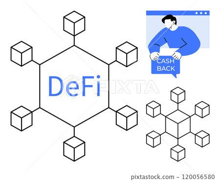 Network structure connecting cubes, blue DeFi text, and figure holding cash back sign. Ideal for finance technology, blockchain, digital assets, decentralized networks, fintech education. Minimalist Network structure connecting cubes, blue DeFi text, and figure holding cash back sign. Ideal for finance technology, blockchain, digital assets, decentralized networks, fintech education. Minimalist 120056580