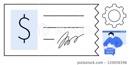 A check with a dollar symbol and signature, a gear symbol, and a person receiving cashback. Ideal for finance, banking, transactions, payment processing, and cashback promotions. Simple, clean 120056596