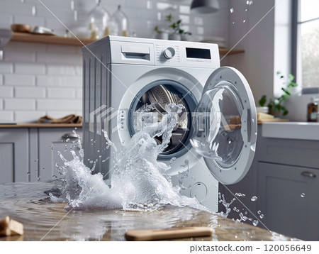Water pouring out of an open washing machine. Water pouring out of an open washing machine. 120056649