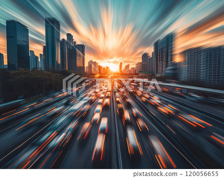 Artificial intelligence. Long exposure. Highway in the city at sunset. Artificial intelligence. Long exposure. Highway in the city at sunset. 120056655