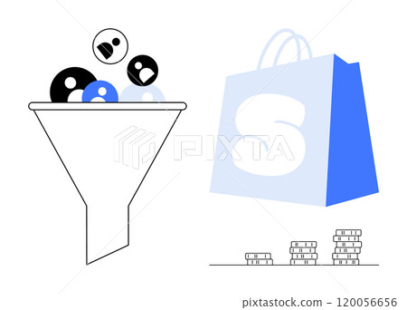 Funnel directing simple shapes, blue shopping bag and stacked coins representing business processes. Ideal for marketing, sales, business strategy, customer conversion, financial growth. Minimalist 120056656