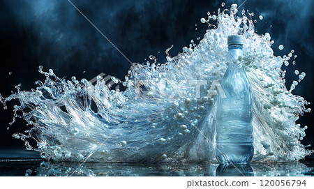 A plastic bottle filled with clean water surrounded by dynamic splashes against a dark background, capturing a refreshing moment 120056794