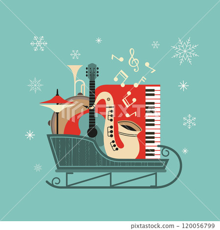 Musical instruments in Christmas sleigh flat vector icon. Live music jazz festival cartoon design element in retro color minimal style. Winter New Year holidays season event background illustration Musical instruments in Christmas sleigh flat vector icon. Live music jazz festival cartoon design element in retro color minimal style. Winter New Year holidays season event background illustration 120056799