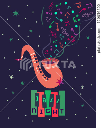 Winter Holidays Christmas Jazz Night vector poster. Sax burst out musical notes minimal design element illustration. Christmas season Holiday joyful celebration, live concert performance background 120056800
