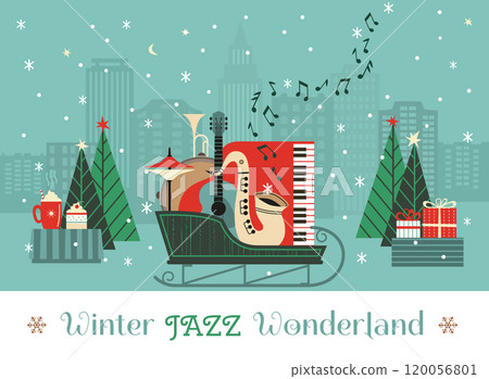Winter Jazz Wonderland fancy festive vector poster. Saxophone Live Music cute hand drawn minimal design element illustration. Christmas season Holiday celebration, live concert performance background 120056801