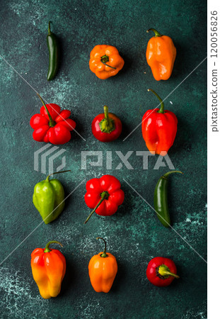 Colorful peper on green background Colorful peper on green background 120056826
