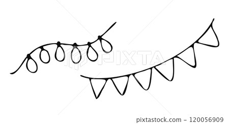 A festive vector illustration of black and white string lights in a hand-drawn style, perfect for Christmas and holiday-themed designs, decorations, greeting cards, and seasonal craft projects. A festive vector illustration of black and white string lights in a hand-drawn style, perfect for Christmas and holiday-themed designs, decorations, greeting cards, and seasonal craft projects. 120056909
